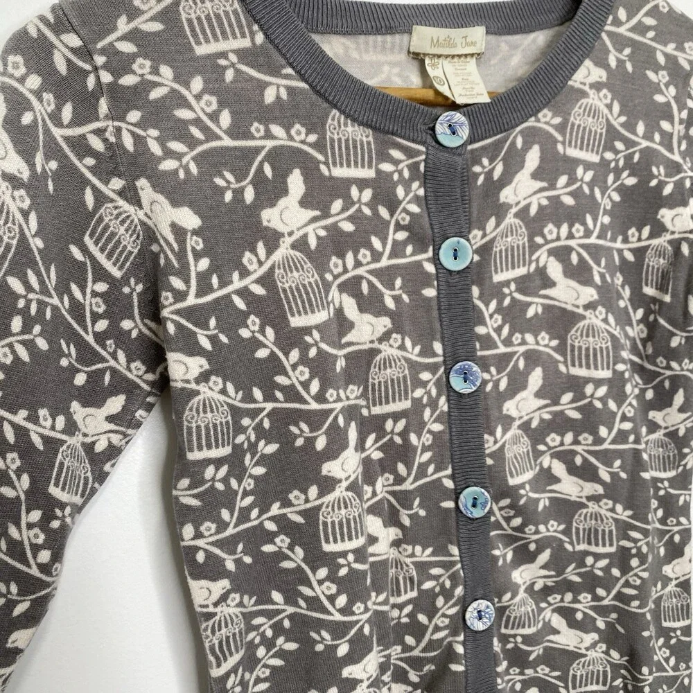 Matilda Jane 10 Secret Fields Winter Wonderland Bird Print Grey Cardigan Sweater